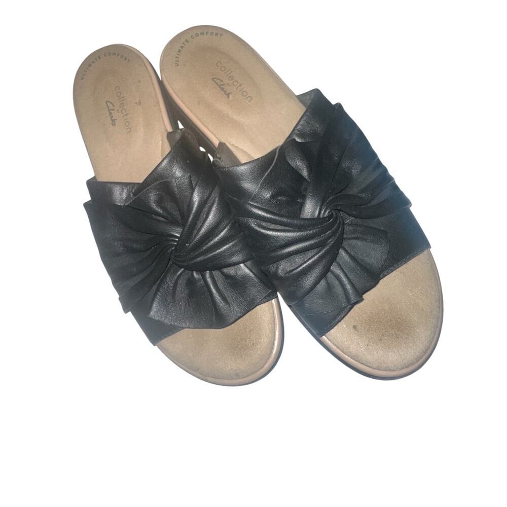 Clarks Black Leather Knot Slide Sandals Womens 7 Comfort Cushioned Slip On
